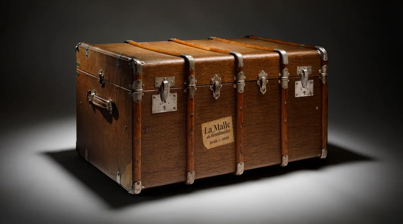 La malle de voyage des années 1930 retenue pour le projet, éclairée sur fond sombre