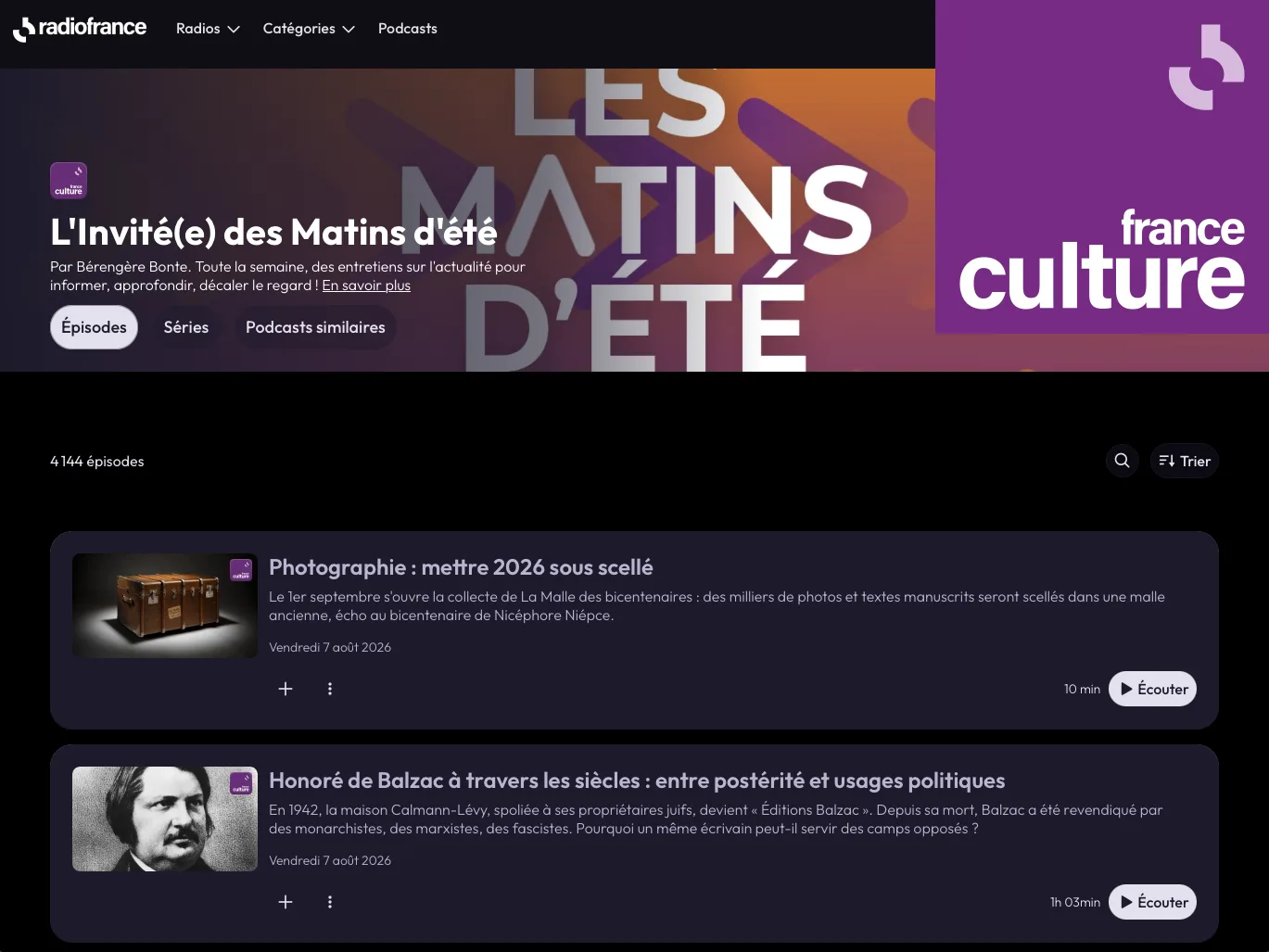 La page de L’Invité(e) des Matins d’été sur le site de France Culture, où figure l’émission consacrée au projet
